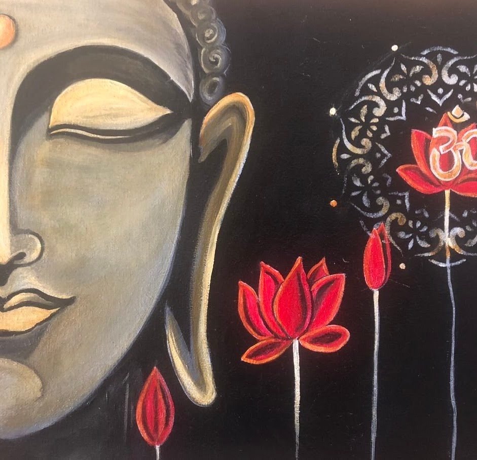 Half of a grey Buddha face beside red lotuses on black