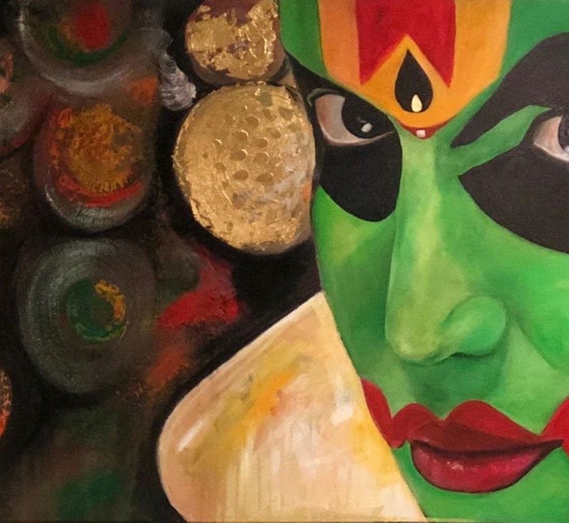 A Kathakali face half in shadow beside gilded textures, one eye glancing sideways
