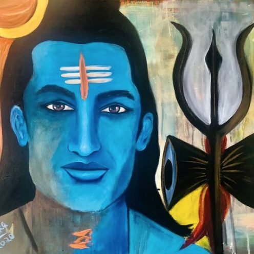 Blue-skinned Shiva with tripundra marks beside a trishul and damaru