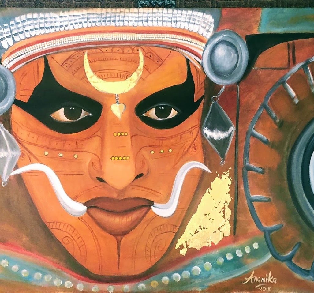 Close study of a Theyyam face with crescent mark, white curling moustache and gold detail